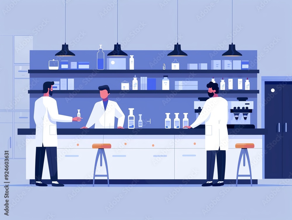 Medical research lab, scientists working, flat design illustration Medical research lab, scientists working, flat design illustration