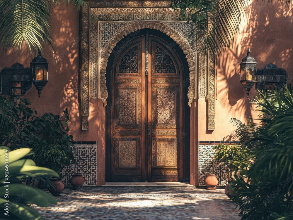 Fototapeta premium The front door of a building is made of wood and has a decorative design