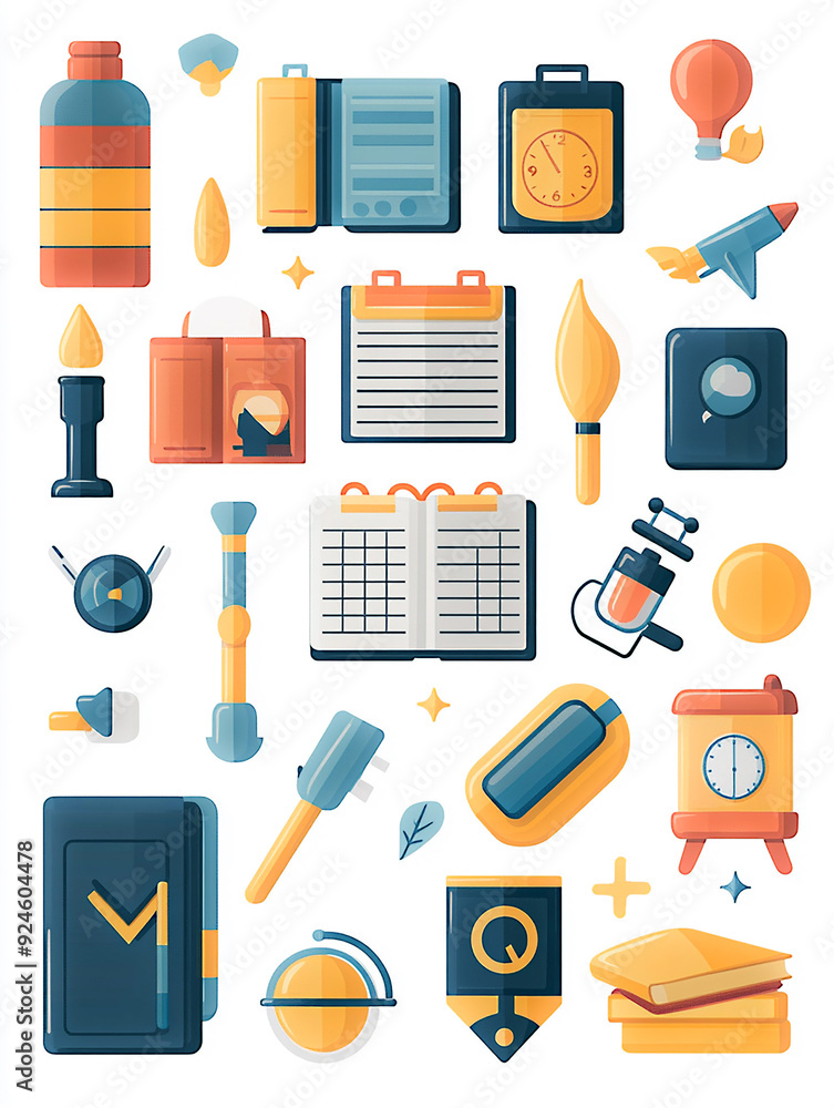 High-resolution flat vector graphic of back-to-school themed icons and letters, including a range of colorful and educational symbols. High-resolution flat vector graphic of back-to-school themed icons and letters, including a range of colorful and educational symbols.