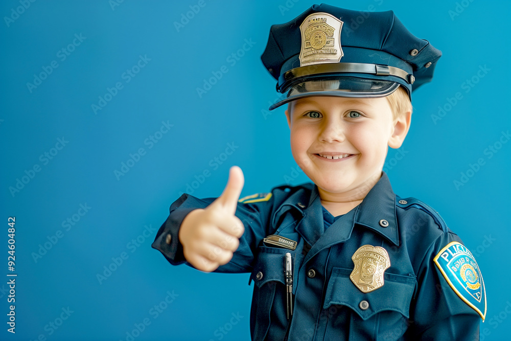 Portrait photo of a young boy wearing police outfit raise thumb-up smiling at camera on blur background. Portrait photo of a young boy wearing police outfit raise thumb-up smiling at camera on blur background.