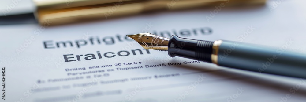 A luxurious fountain pen resting on a financial document viewed up close, symbolizing precision, wealth, and financial importance. A luxurious fountain pen resting on a financial document viewed up close, symbolizing precision, wealth, and financial importance.