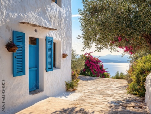 Fototapeta Naklejka Na Ścianę i Meble -  A white house with blue shutters and a blue door
