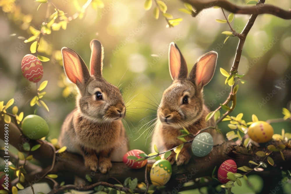 A pair of rabbits perched on a tree branch, looking out at the surrounding environment A pair of rabbits perched on a tree branch, looking out at the surrounding environment