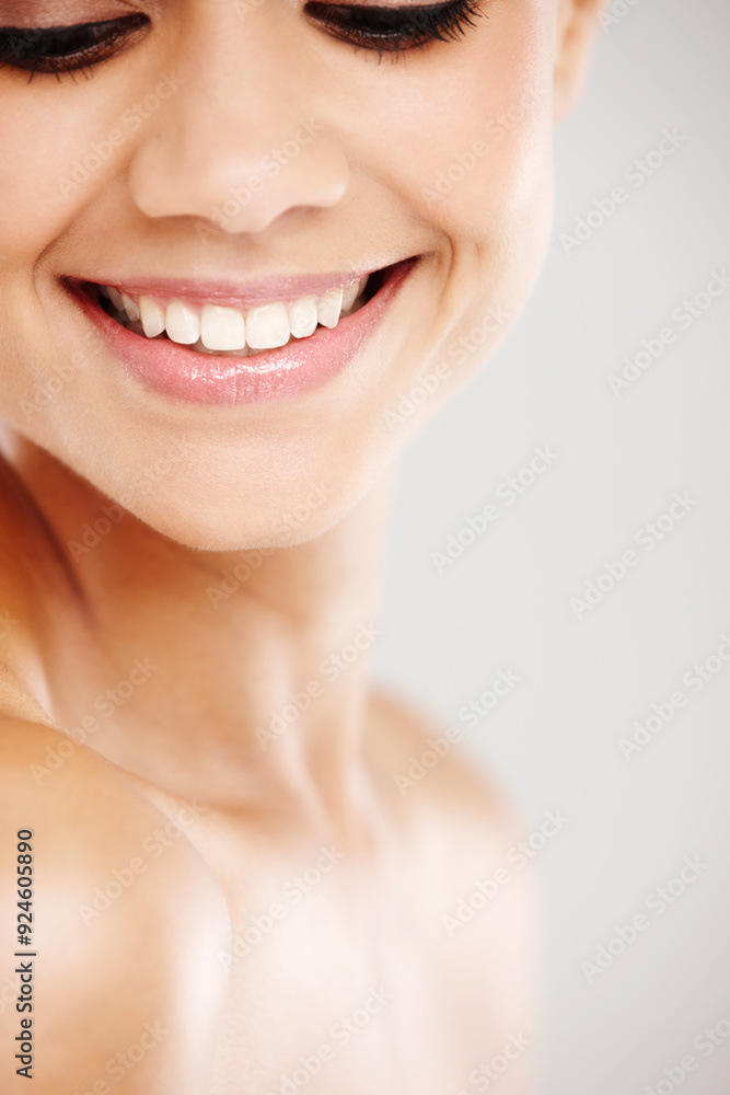 Skincare, smile and face of woman in studio for facial treatment, wellness and cosmetics. Dermatology, salon and closeup of happy person with teeth whitening, beauty and oral care on white background Skincare, smile and face of woman in studio for facial treatment, wellness and cosmetics. Dermatology, salon and closeup of happy person with teeth whitening, beauty and oral care on white background