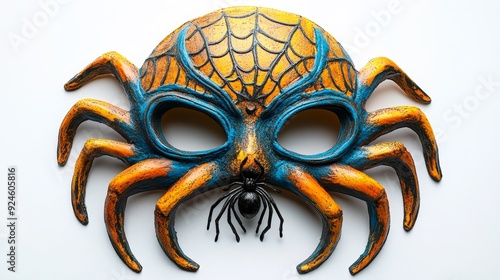 Halloween mask with spider web details and a realistic spider crawling on it, vibrant colors, intricate design, isolated on white background photo