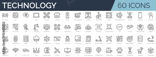 Set of 60 outline icons related to technology. Linear icon collection. Editable stroke. Vector illustration