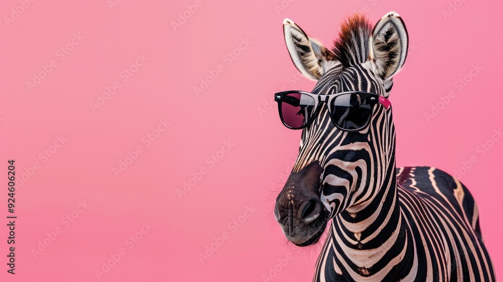 Zebra wearing sunglasses on a solid color background. Zebra wearing sunglasses on a solid color background.