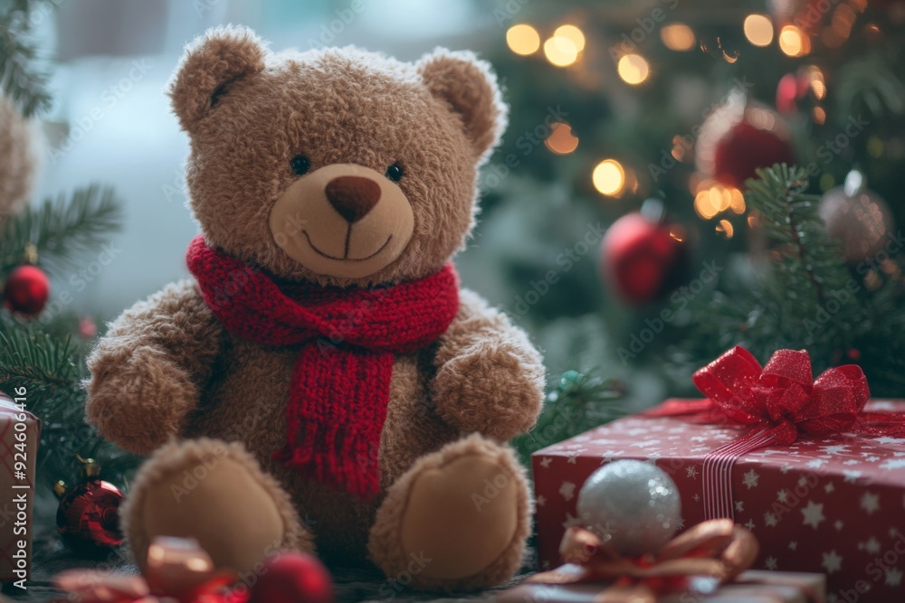 A teddy bear sitting next to gift boxes and decorations, concept for Christmas A teddy bear sitting next to gift boxes and decorations, concept for Christmas