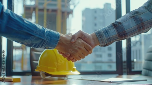 Two workers exchanging pleasantries at a construction site