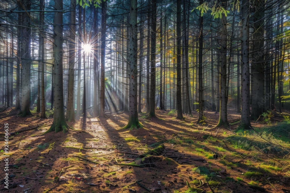 A serene scene with sunlight peeking through tree branches in a dense forest A serene scene with sunlight peeking through tree branches in a dense forest