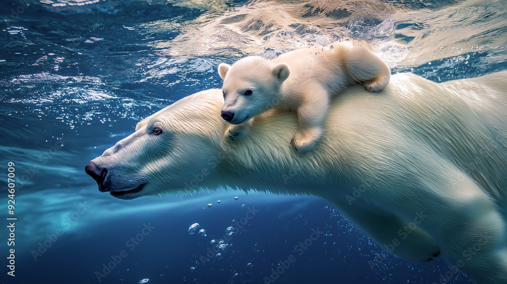 Polar bear mother carrying her cub through icy Arctic waters a touching ...