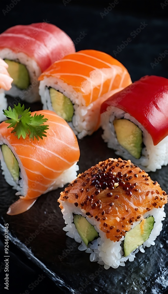 Delicious Sushi rolls served with garnishes, ready for a fine dining experience Delicious Sushi rolls served with garnishes, ready for a fine dining experience