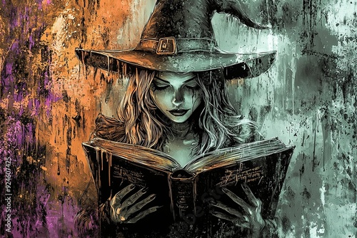 Halloween sexy Witch wearing sexy clothes and wiches hat with magic Book of spells. Ai Generative photo