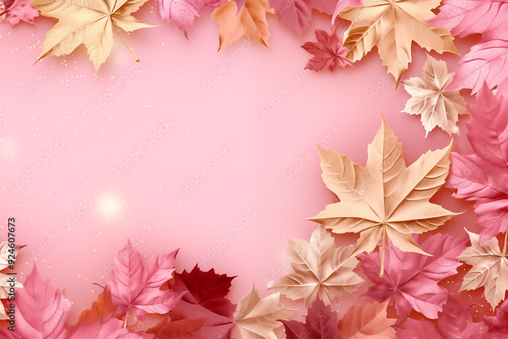 Obraz premium Autumn Leaves Background with Pink and Orange Maple Leaves on a Soft Pink Gradient