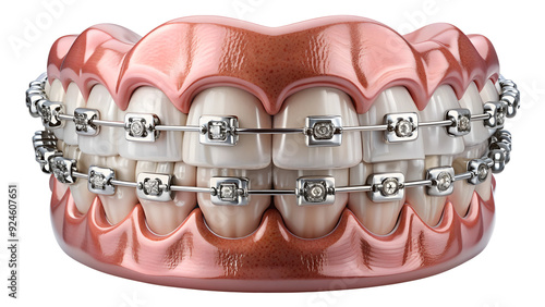 Model of teeth with orthodontic braces isolated on transparent background