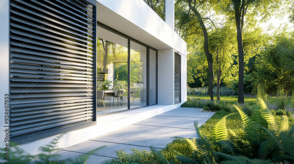Terrace of Modern Passive House: A detailed view of the terrace of a modern, white, cube-style passive house with an elegant and minimalist design Terrace of Modern Passive House: A detailed view of the terrace of a modern, white, cube-style passive house with an elegant and minimalist design