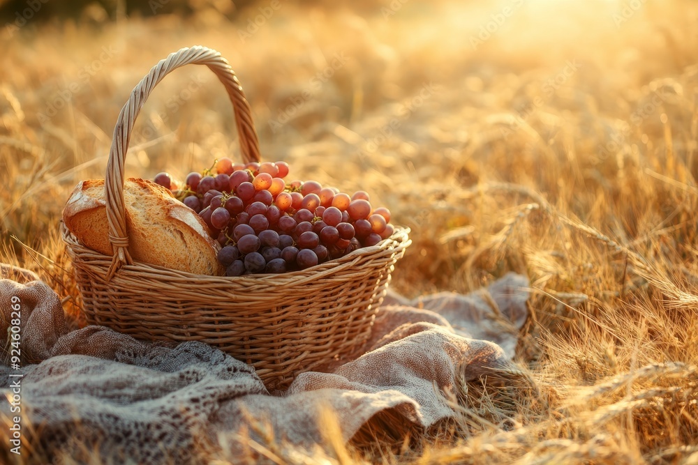 Rustic picnic with bread, grapes, basket on grass field at sunset, perfect for summer outdoor vibes Rustic picnic with bread, grapes, basket on grass field at sunset, perfect for summer outdoor vibes