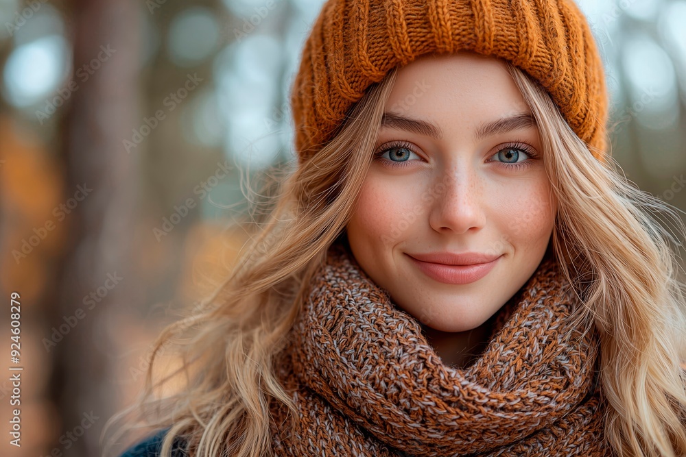Young woman with blonde hair in an orange knit hat and cozy scarf, smiling against a backdrop of autumn foliage in a forest, copy space for text, fashion model, autumnal clothes, wardrobe changing Young woman with blonde hair in an orange knit hat and cozy scarf, smiling against a backdrop of autumn foliage in a forest, copy space for text, fashion model, autumnal clothes, wardrobe changing