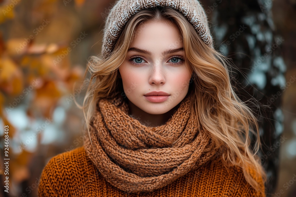 Young woman in cozy attire poses outdoors amidst autumn leaves during golden hour, copy space for text, fashion model, autumnal clothes, wardrobe changing Young woman in cozy attire poses outdoors amidst autumn leaves during golden hour, copy space for text, fashion model, autumnal clothes, wardrobe changing
