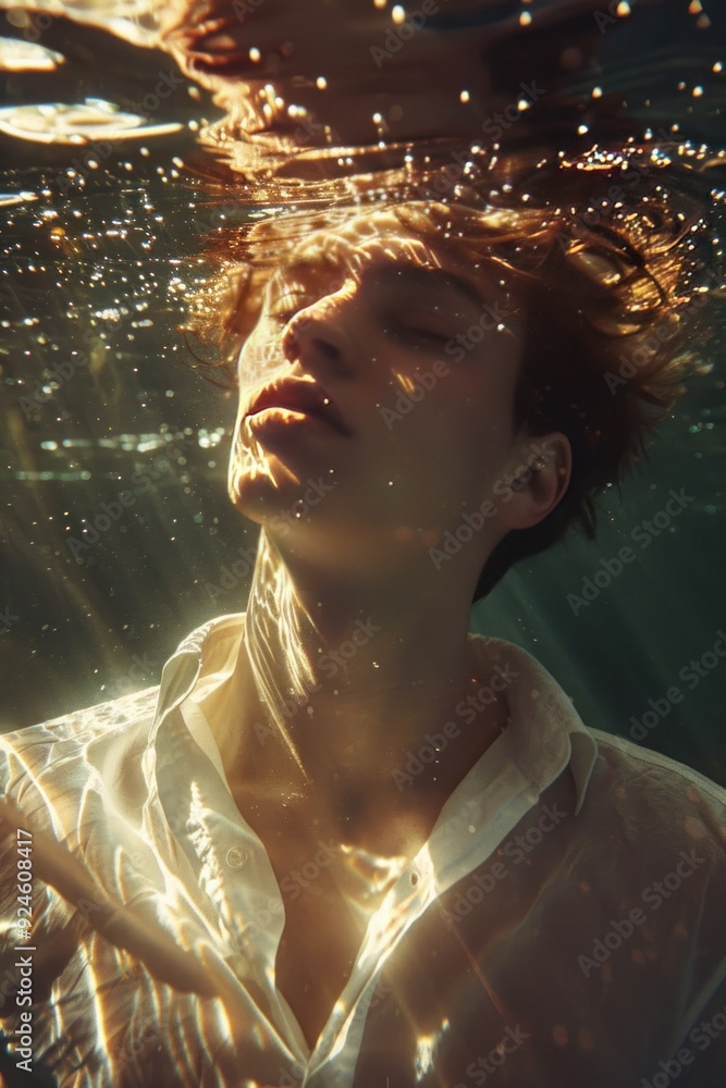 Naklejka premium Submerged Serenity: A Man's Moment Underwater