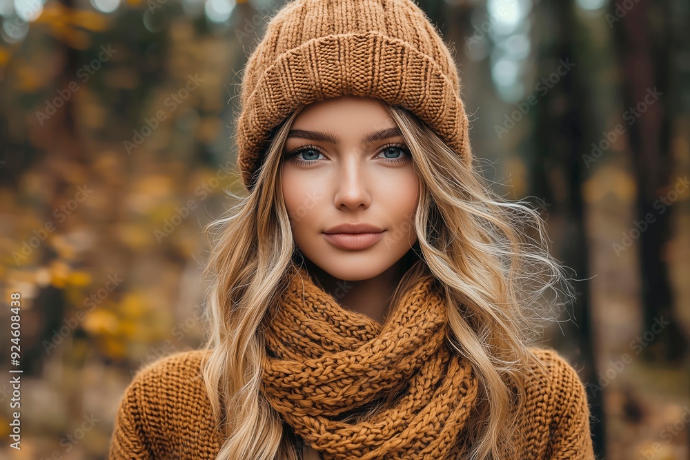 Young woman wearing a cozy knitted hat and scarf in an autumn forest setting during golden hour, copy space for text, fashion model, autumnal clothes, wardrobe changing Young woman wearing a cozy knitted hat and scarf in an autumn forest setting during golden hour, copy space for text, fashion model, autumnal clothes, wardrobe changing