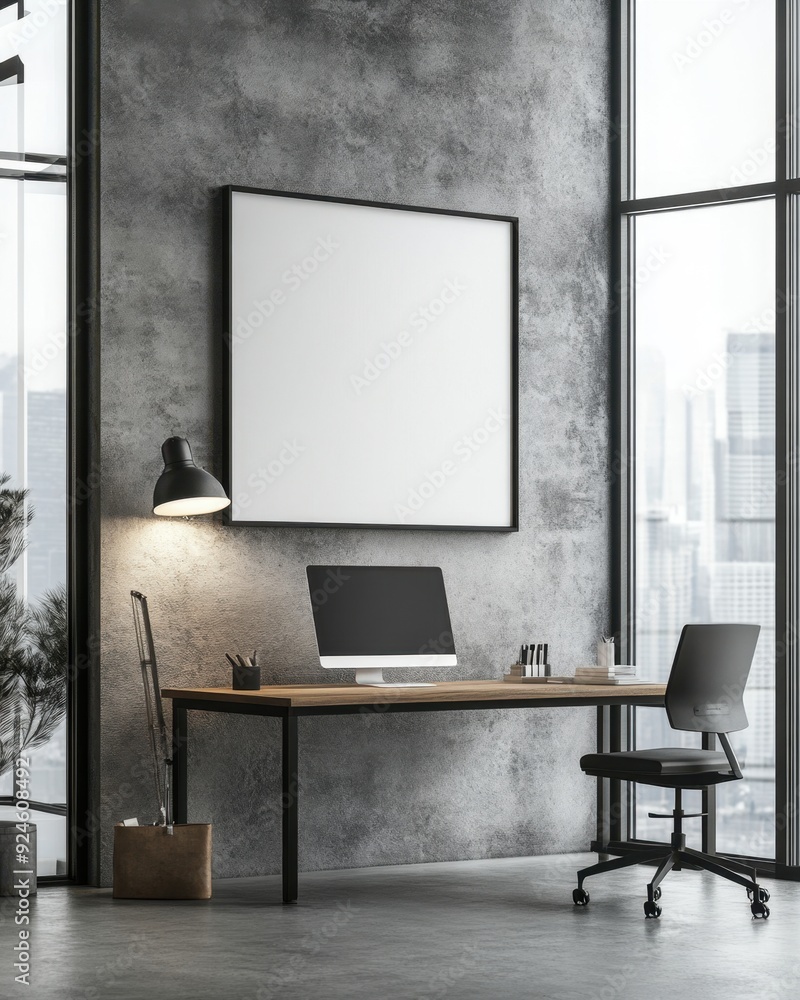 A clean, modern office space with a large window A clean, modern office space with a large window