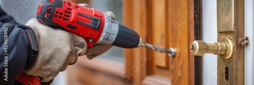 A worker with gloves grips a red and black electric drill, creating a hole near the lock on a wooden door, illustrating a repair or installation task. photo