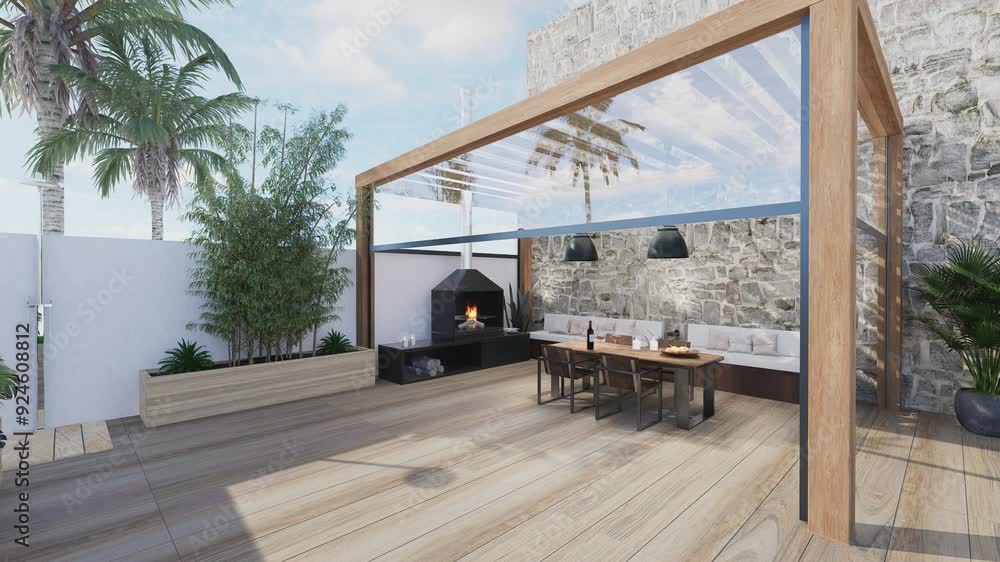 3D illustration clip of a luxury wooden teak deck with BBQ grill and ...