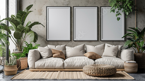 Frame mockup, ISO A paper size. Living room wall poster mockup. Interior mockup with house background. Modern interior design. Made with generative ai
