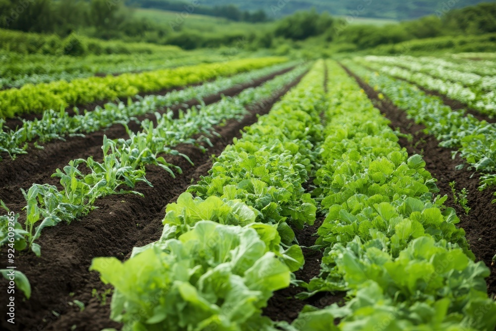 A vibrant field showcasing rows of fresh, green lettuce and leafy vegetables under bright skies, representing organic farming. A vibrant field showcasing rows of fresh, green lettuce and leafy vegetables under bright skies, representing organic farming.