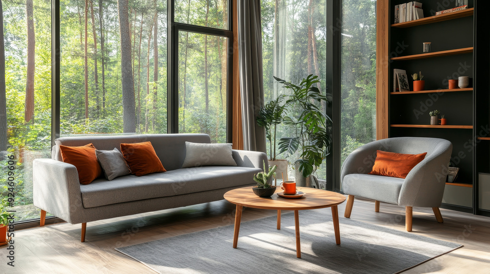 Modern Living Room Interior: A stylish living room featuring a grey sofa, a complementary armchair, and a wooden coffee table Modern Living Room Interior: A stylish living room featuring a grey sofa, a complementary armchair, and a wooden coffee table