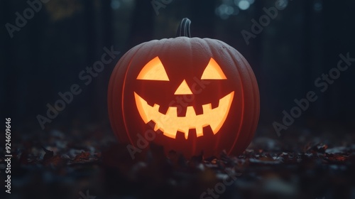 Jack-o'-Lantern, glowing carved pumpkin, dark forest setting, eerie atmosphere, dim lighting