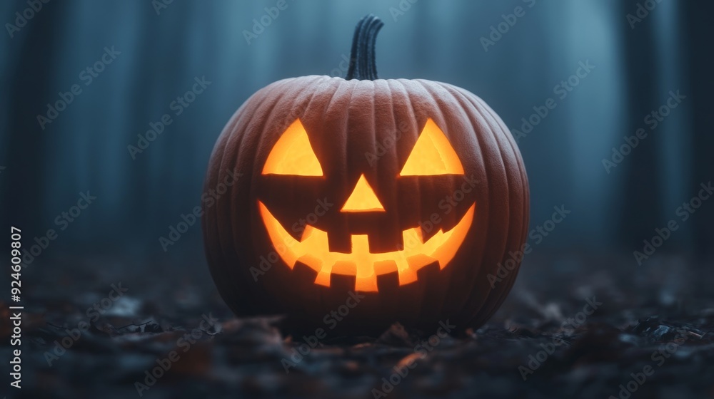 Jack-o'-Lantern, dark and eerie forest, glowing face, thick fog, Halloween night vibe Jack-o'-Lantern, dark and eerie forest, glowing face, thick fog, Halloween night vibe