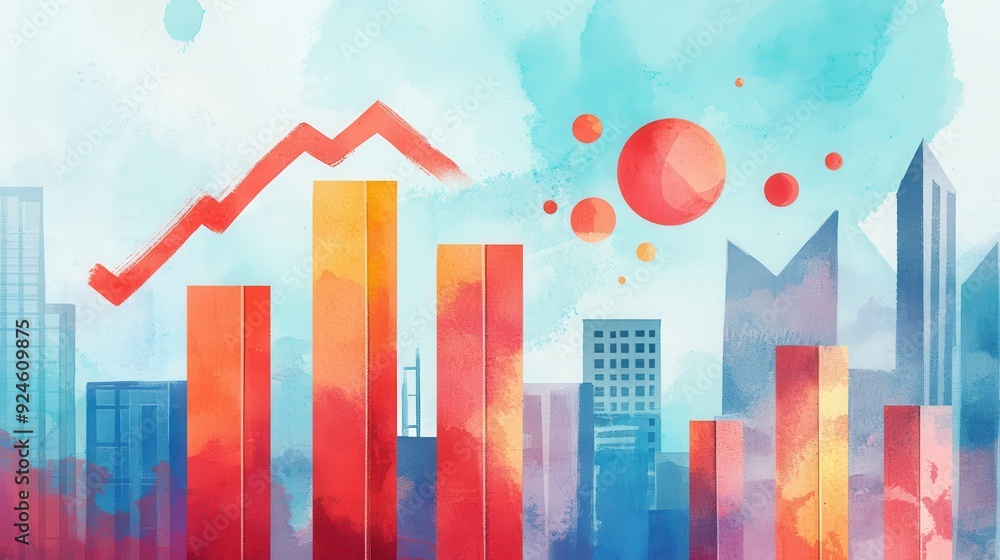 A vibrant watercolor illustration of urban skyline with rising graph, symbolizing growth and prosperity in finance and business. A vibrant watercolor illustration of urban skyline with rising graph, symbolizing growth and prosperity in finance and business.