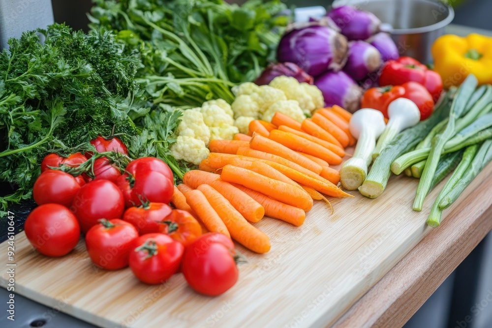 Fresh, colorful vegetables arranged on a wooden board, perfect for healthy meals and cooking inspiration. Fresh, colorful vegetables arranged on a wooden board, perfect for healthy meals and cooking inspiration.