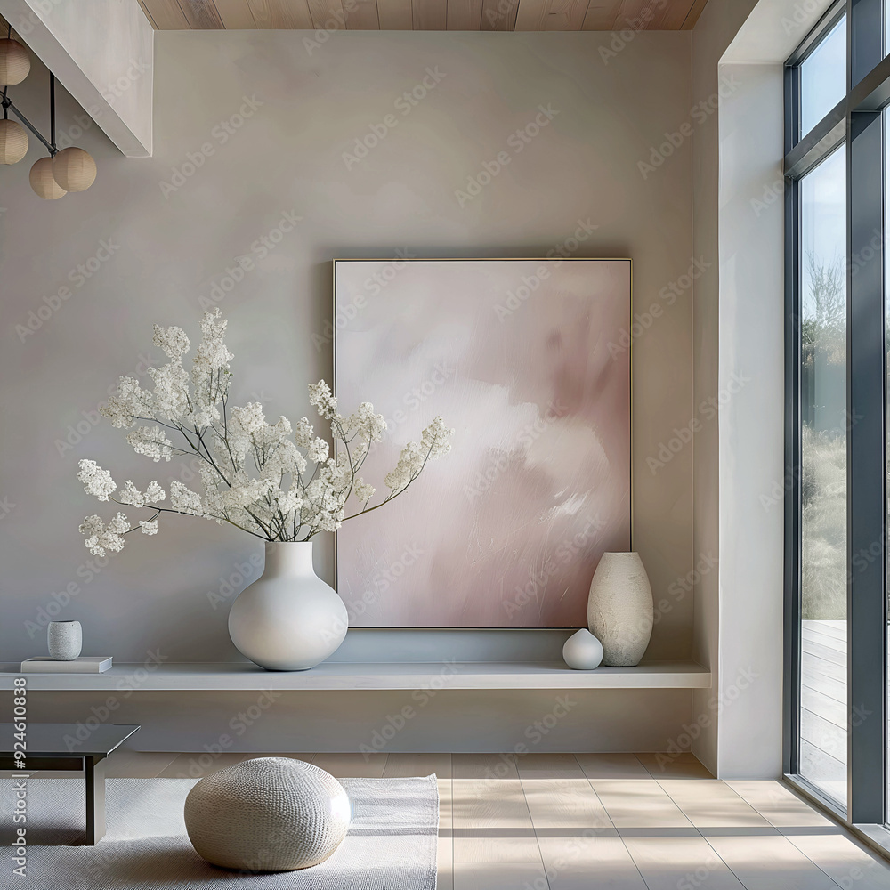 Aesthetic minimalist room interior design. Mockup picture frames. Mock up poster on the walls. Copy space. Scandi apartment for decoration. Neutral colors. Modern japandi style. Aesthetic minimalist room interior design. Mockup picture frames. Mock up poster on the walls. Copy space. Scandi apartment for decoration. Neutral colors. Modern japandi style.