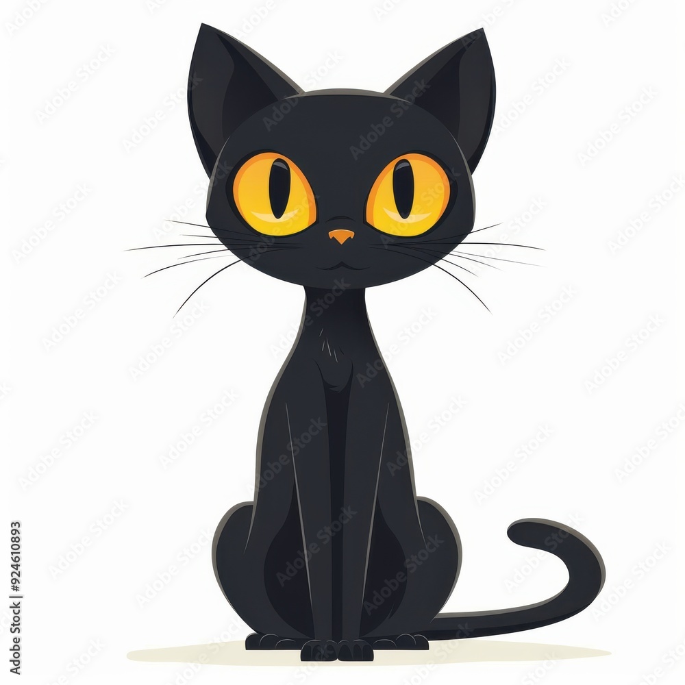 Fototapeta premium A minimalist, flat vector of a black cat with wide, yellow eyes, styled in a pop art fashion. The cat is depicted in a sitting position, with clean lines and a sharp silhouette, isolated on a white