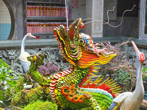 Dragon Water Fountain and White Cranes in a Taiwanese Temple