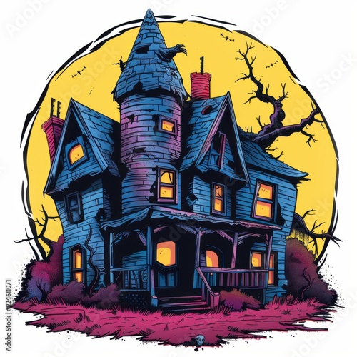 A simple, flat vector of a haunted house, rendered in a pop art style with exaggerated features and vibrant colors. The house is depicted with crooked windows, a tilted roof, and spooky silhouettes, photo