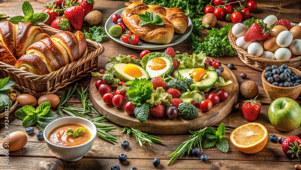 Vibrant arrangement of fresh fruits, crispy pastries, and savory eggs, beautifully garnished with greenery, on a rustic wooden table, inviting a morning feast. Vibrant arrangement of fresh fruits, crispy pastries, and savory eggs, beautifully garnished with greenery, on a rustic wooden table, inviting a morning feast.