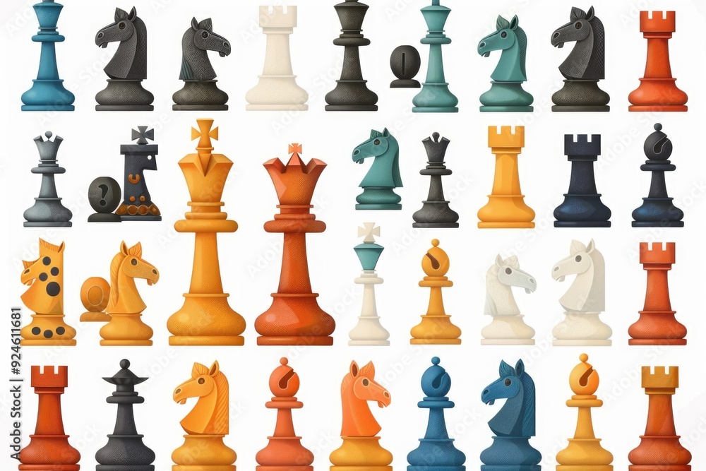 A close-up shot of various chess pieces arranged on a white background, ideal for illustrations or educational purposes A close-up shot of various chess pieces arranged on a white background, ideal for illustrations or educational purposes