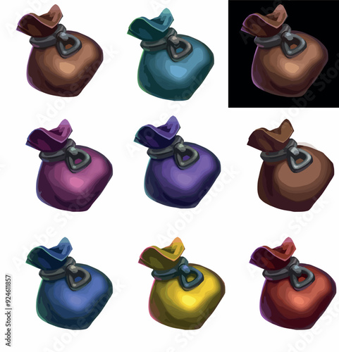 casual icon Set bag of money realistic game graphics cartoon style Bag with artifacts different color options book item clip art for design magic shop props middle ages witch theme red blue green pink