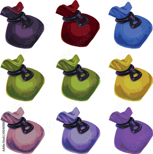 casual icon Set bag of money realistic game graphics cartoon style Bag with artifacts different color options book item clip art for design magic shop props middle ages witch theme red blue green pink