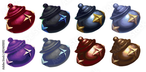 Asset multicolor gold blue silver black blue witch cauldron 3d illustration freehand drawing casual style shiny metal object game graphics resource icon neon light round pot props gold silver vessel