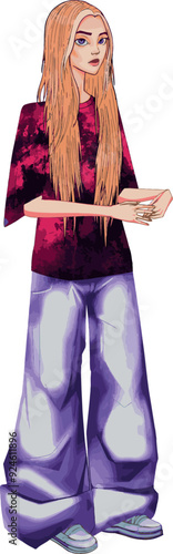 Digital drawing girl Y2K style bell bottoms cartoon character illustration teenager in flare jeans owersize t-shirt clip art abstract design red black violet yellow color modern slim woman painting 