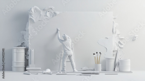 A 3D animated painter touching up a wall, with a white background and paint supplies visible.