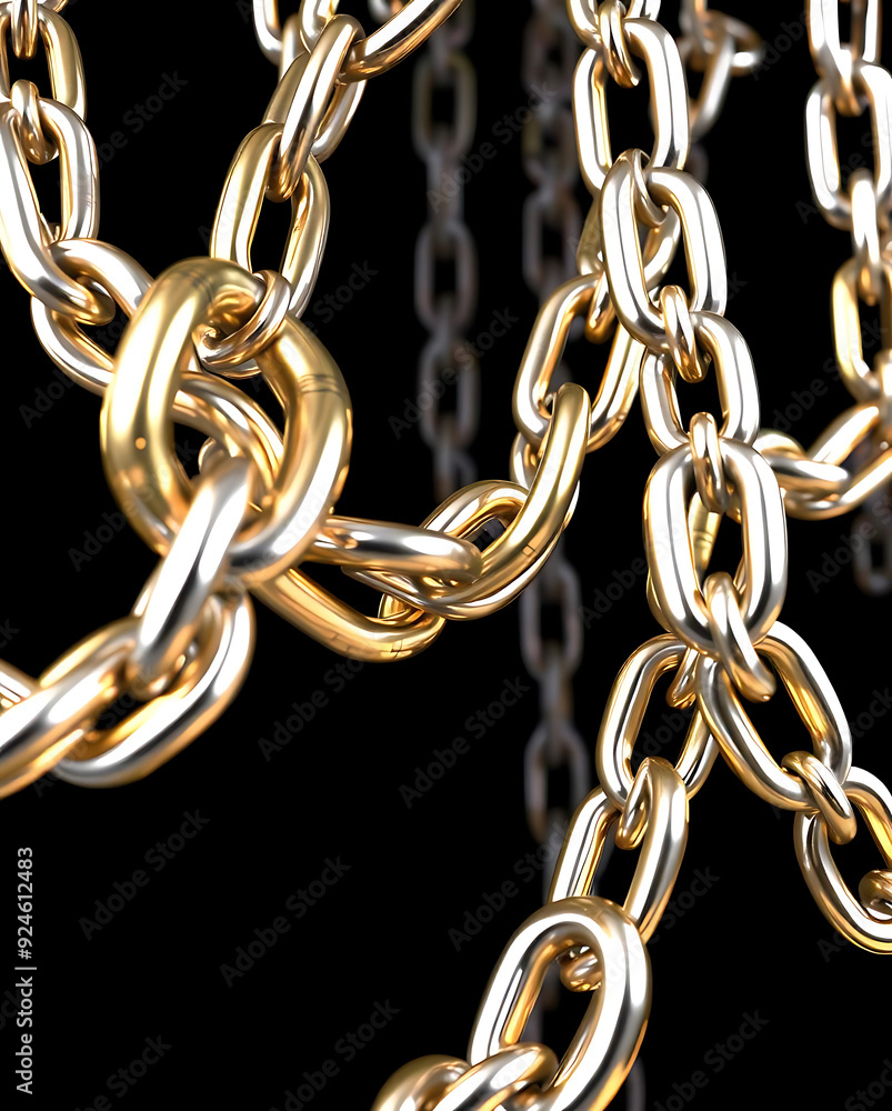 Fototapeta premium 3D Floating Metallic Chains with Interlocking Links, Suspended in Mid-Air Against a Deep, Glossy Black Background