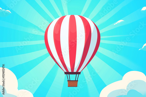  illustration of a hot air balloon with a bold, geometric pattern, rising into a clear, stylized sky