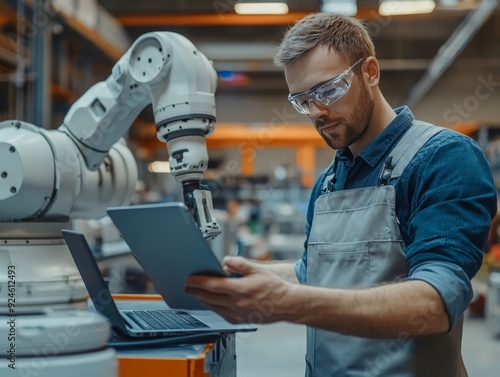 Professional male engineer using laptop to program industrial robot in factory environment photo