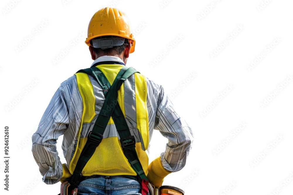 A construction worker wears a safety vest and helmet on the job site A construction worker wears a safety vest and helmet on the job site